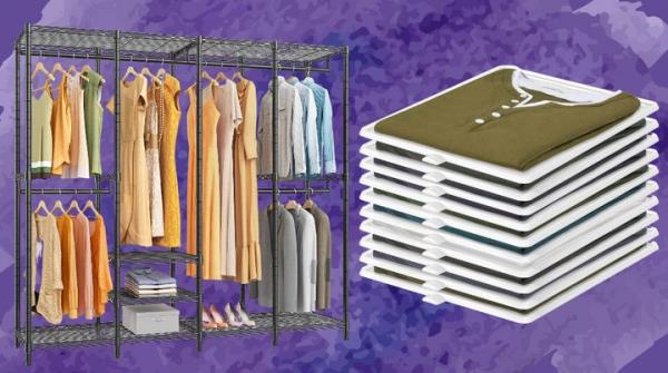 A closet organizer and T-shirt organizer.