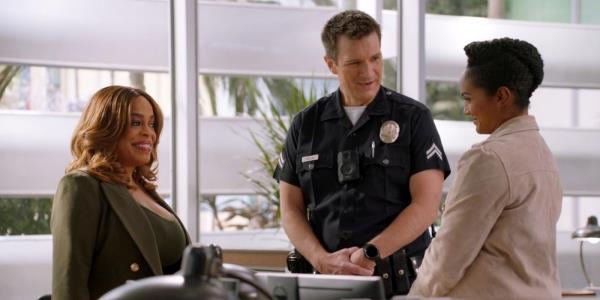 Simone Clark, John Nolan, and Nyla Harper in The Rookie season 5.