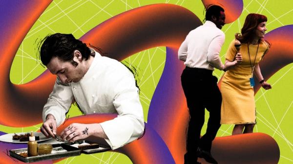 Jeremy Allen White in The Bear, Britt Lower as Helly and Tramell Tillman as Milchick in Severance on a green background with purple and orange gradient blobs