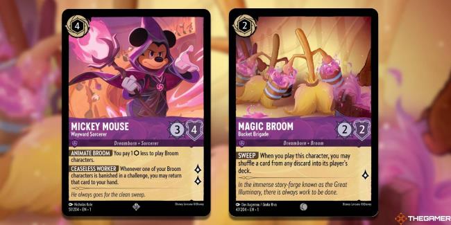 Two Disney Lorcana cards showing Mickey Mouse as the Sorcerer and Magic Broom