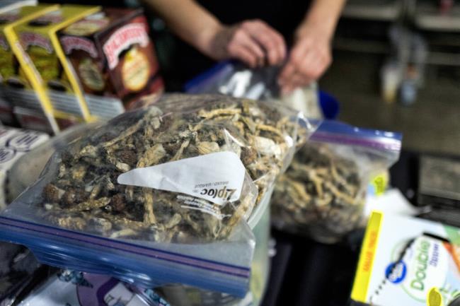 A bag of psilocybin mushrooms at a pop-up cannabis market in Los Angeles on May 6, 2019. Photo by Richard Vogel, AP Photo