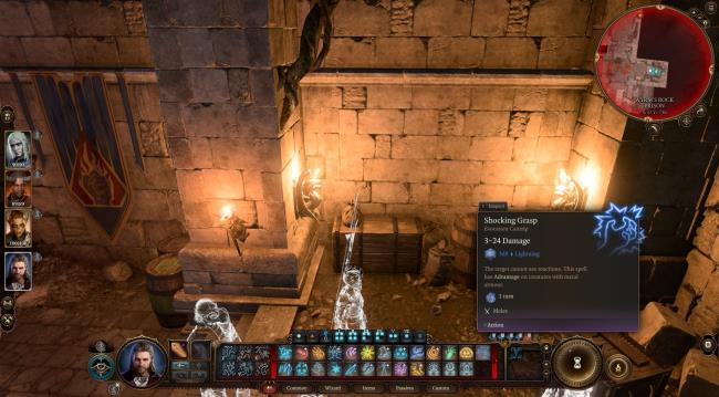 Gale Prepares To Use Shocking Grasp On Torches Outside Wyrmway Secret Wall In Baldur's Gate 3