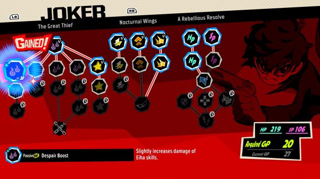 Browsing Joker's Persona 5 Tactica skill tree, including the Great Thief, Nocturnal Wings, and Rebellious Resolve categories