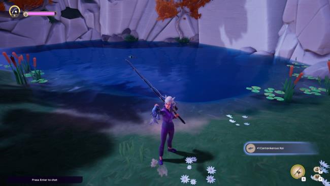 Palia Cantankerous Koi being shown off by an avatar. The pond located on individual home land plots shows behind the avatar.