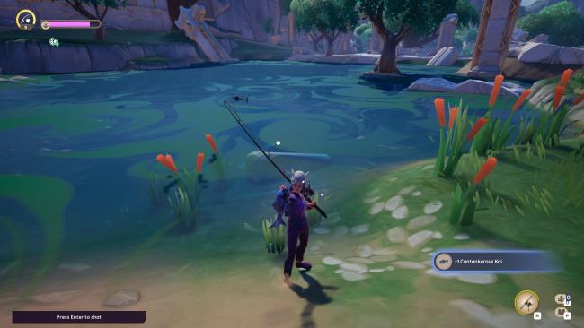 Palia Cantankerous Koi being shown off by an avatar with Mirror Pond Ruins in the background during the day.