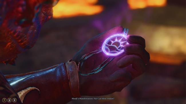 Baldur's Gate 3 - Player looking down at the Sentient Amulet. It is a symbol of Lathander, depicting the sun