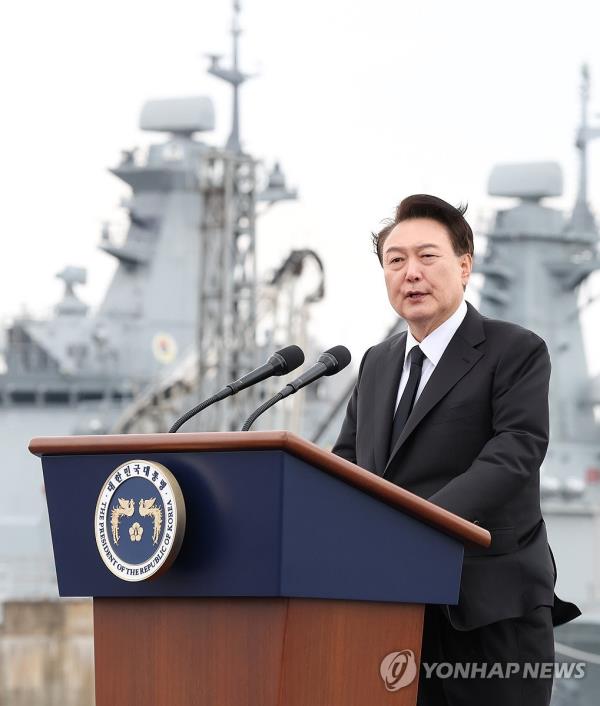 President Yoon Suk Yeol delivers a speech during a ceremony held at the Navy's Second Fleet in Pyeongtaek, 60 kilometers south of Seoul, on March 22, 2024. (Yonhap)