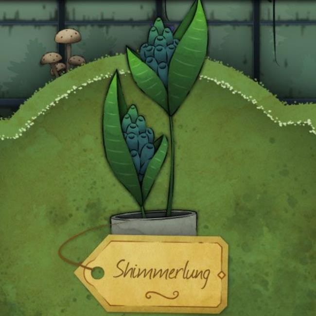 A droopy blue flower with bright green pistils protruding from it. Its leaves are unremarkable, which will help you tell it apart from similar plants. It is called Gilded Dendra in Strange-Horticulture