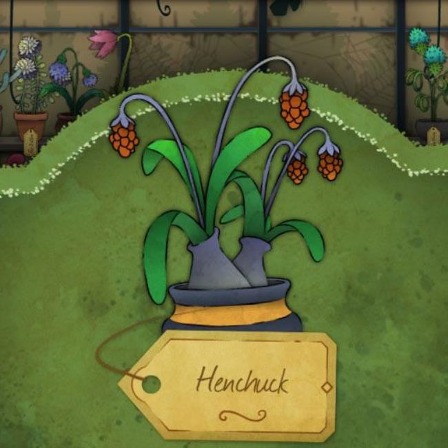 A broad, firm plant with a blue, almost lilac, bulb and sprouting orange fruits called Henchuck in Strange Horticulture.