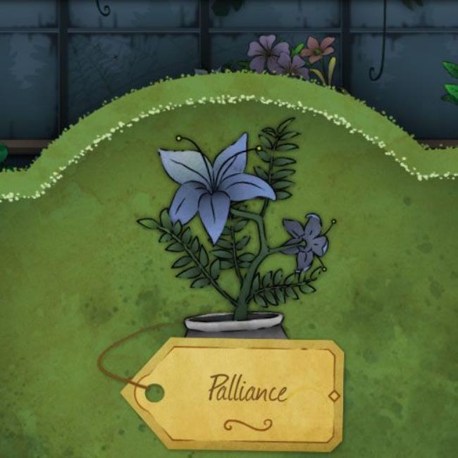 A large blue flower with five angular petals and many leaves growing in pairs along thick, bloomless branches. It is called Palliance in Strange Horticulture.