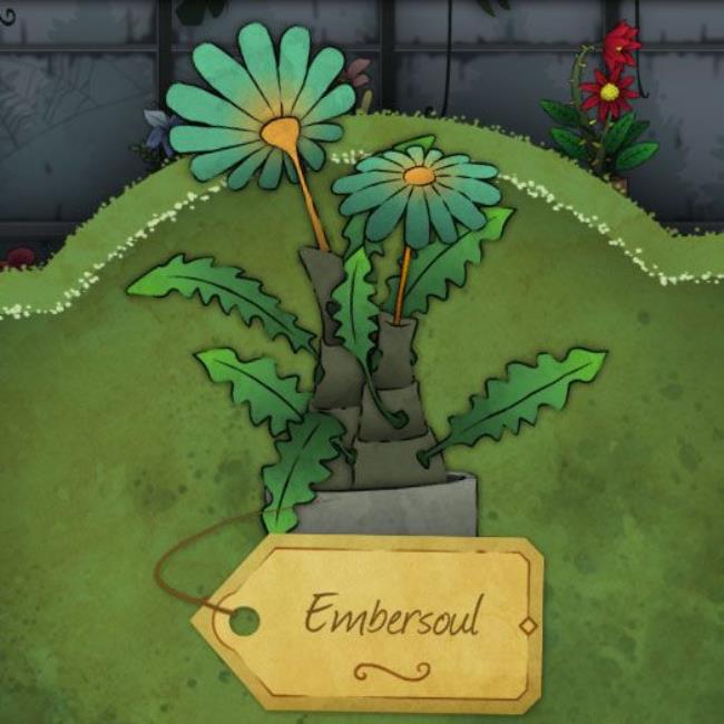 A strange, bulbed plant with a sprouting blue flower with many petals. The leaves, resembling the teeth of a saw, are sharp enough to cut. It is called Embersoul in Strange Horticulture.