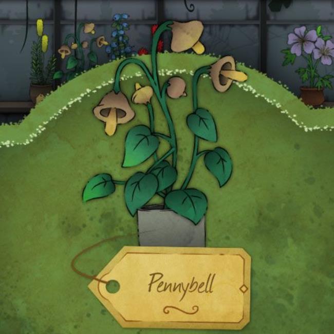 A plant with beige-brown, bell shaped flowers. The stamen is oversized in comparison to the chunky flower it is called Pennybell in Strange Horticulture.