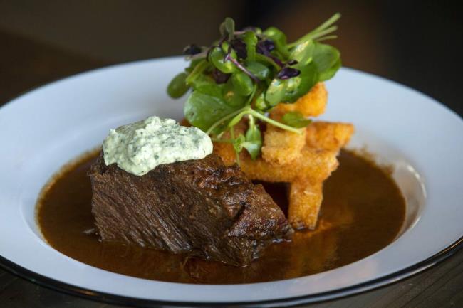 Smoke Braised Short Rib with pan jus, horseradish and polenta fries from Tips Roadside in Kenwood. (John Burgess/The Press Democrat)