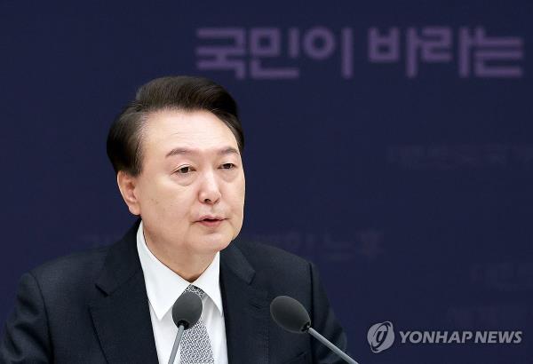 President Yoon Suk Yeol speaks during a government meeting reviewing the implementation of policies discussed during a total of 24 government-public debates on people's livelihood issues, at the presidential office in Seoul on April 4, 2024. (Yonhap)
