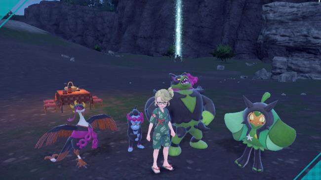 Fezandipiti, Monkidori, Okidogi, and Ogerpon standing with the main character in Pokemon Scarlet & Violet: The Teal Mask.