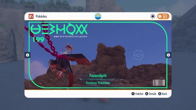 Fezandipiti's Dex entry in Pokemon Scarlet & Violet: The Teal Mask.