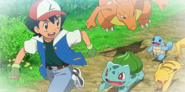 Ash in the Pokémon anime running with his Pikachu, Bulbasaur, Squirtle, and Charizard.