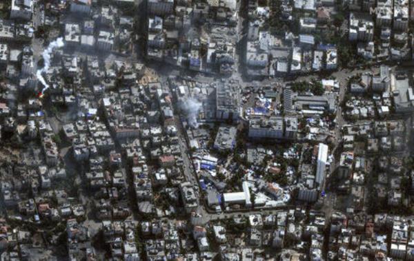 This image provided by Maxar Technologies shows al-Shifa hospital and surroundings in Gaza City, Saturday Nov. 11, 2023. (Satellite image ?2023 Maxar Technologies via AP)
