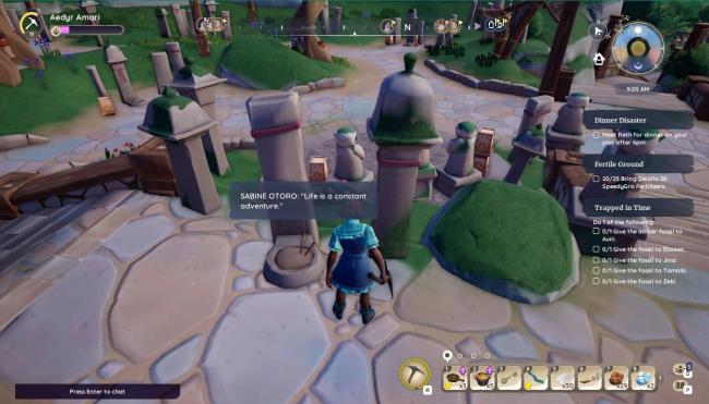 Player character standing next to Sabine Otoro's grave in Remembrance Garden in Palia. 