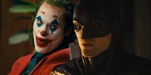 A split image of Joaquin Phoenix's Joker being interviewed and Robert Pattinson's Batman looking serious-1