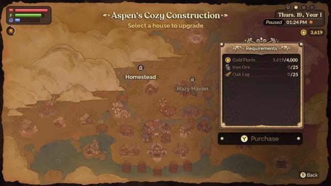 a map of azoria with aspen's housing upgrades listed fae farm home upgrades