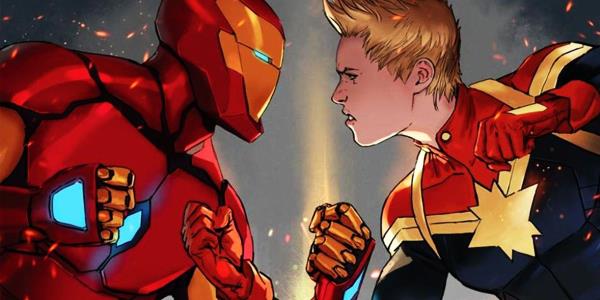 Iron Man and Captain Marvel facing each other in Marvel Comics' Civil War 2