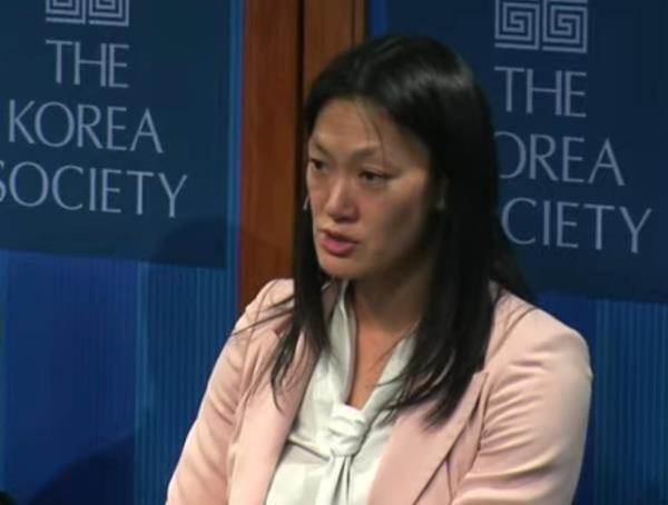 U.S. Special Envoy for North Korean human rights Julie Turner speaks during a forum hosted by the Korea Society on April 9, 2024 in this photo captured from a YouTube account of the Korea Society. (PHOTO NOT FOR SALE) (Yonhap)