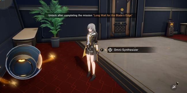 Stelle (aka the Female Trailblazer) stands in front of the Omni-Synthesizer. A banner on top of her head tells the player that there is a prequisite quest before being able to use the synthesizer.