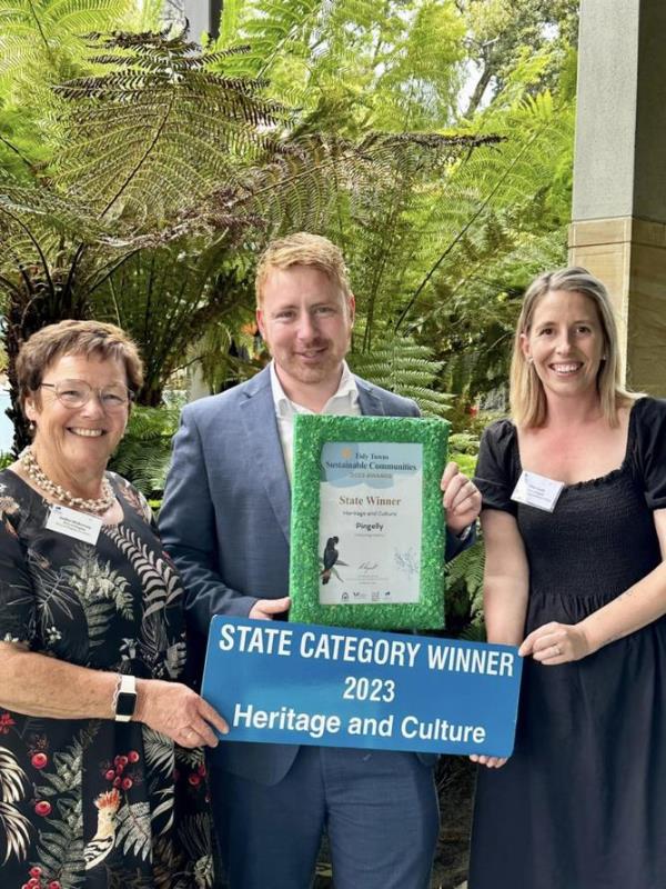 Shire of Pingelly president Jackie McBurnie, CEO Andrew Dover and community development officer Ellen Cook claimed the State title at the 2023 Tidy Towns Awards.