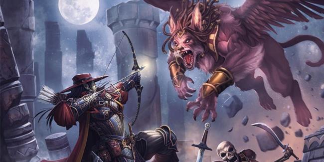 an archer lines up a shot at a manticore in pathfinder