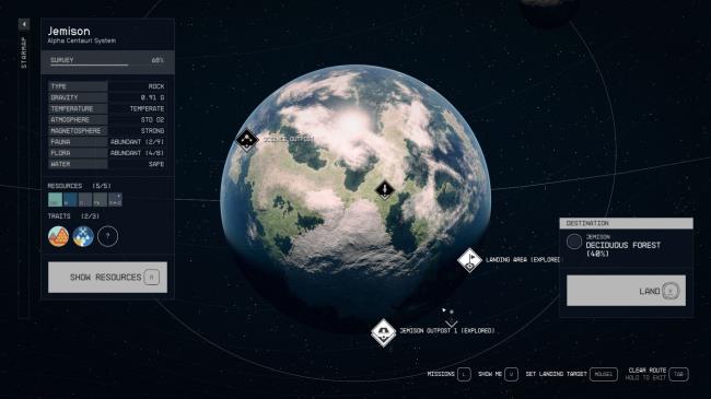 Starfield - Ship landing UI, centered on a deciduous forest on Jemison