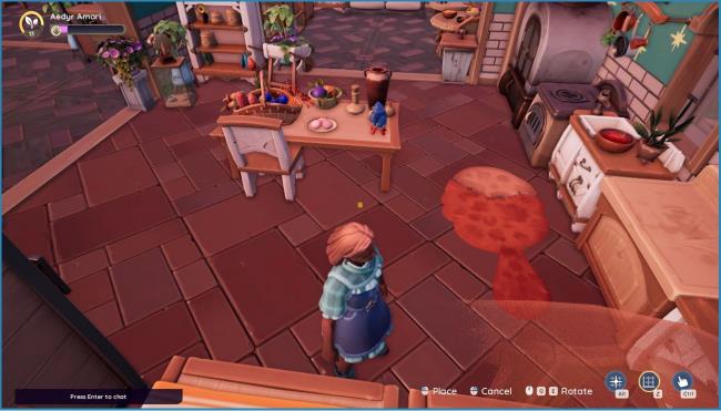 Player character standing in a room in a player house and placing Apothecary Stone Flooring down in Palia. 