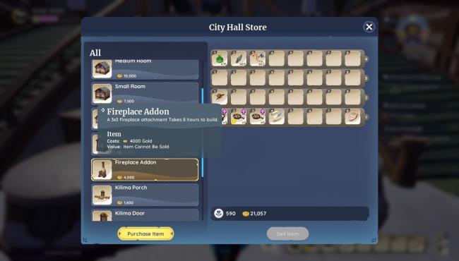 Player character in the City Hall store and showing off some of the rooms and additions such as the Fireplace in Palia. 