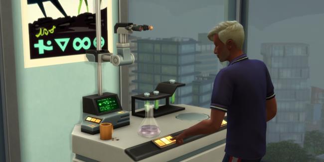 A Scientist Sim using the Chemistry Lab at home. From Sims 4.